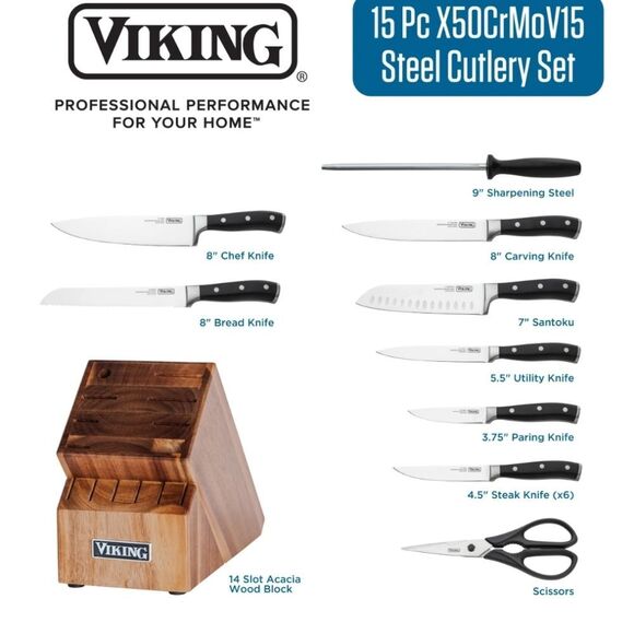 Viking 15-PC Stainless Steel Cutlery Set w/Acacia Wood Block - Picture 12 of 16